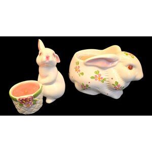 Vintage 1980s Avon Ceramic Easter Bunny Candle Holders & Planter Made in Brazil